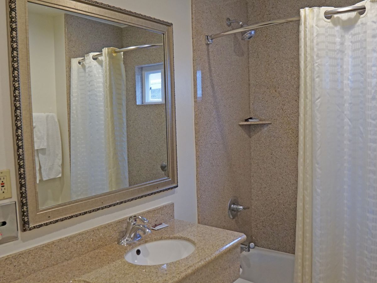 The image shows a bathroom with a vanity mirror, sink, hairdryer, shower with a curtain, and some wall-mounted shelves.