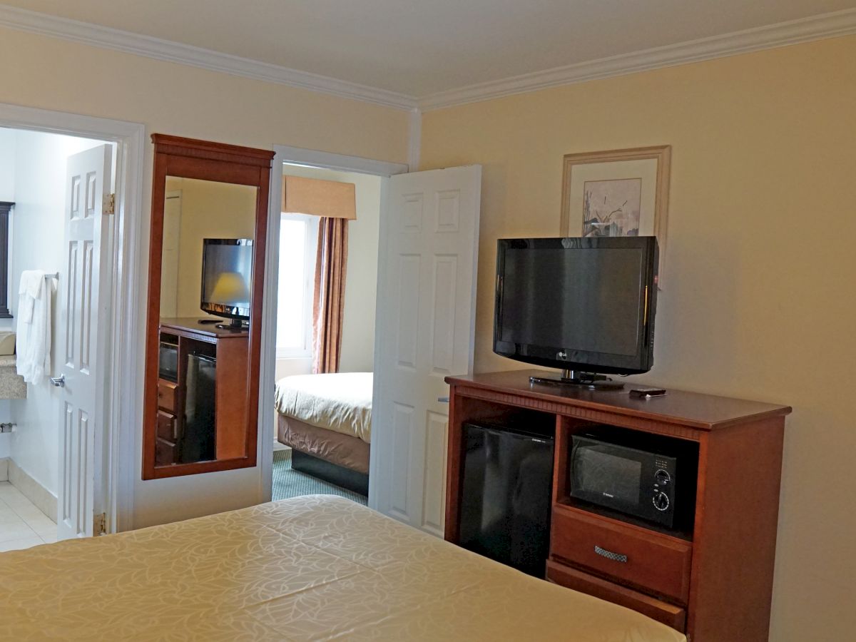 A hotel room with a bed, a TV on a stand, a microwave, a mini-fridge, a mirror, and a view into the bathroom and another room.